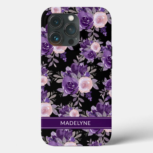 Coques Case-Mate iPhone Floral moderne violet noir (Verso)