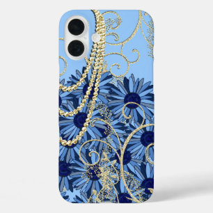 Coque Pour iPhone 16 Plus Floral Navy Blue et Gold Swirl