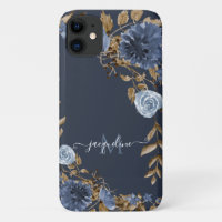 Floral Navy Dusty Blue Elegant Aquarelle Nom
