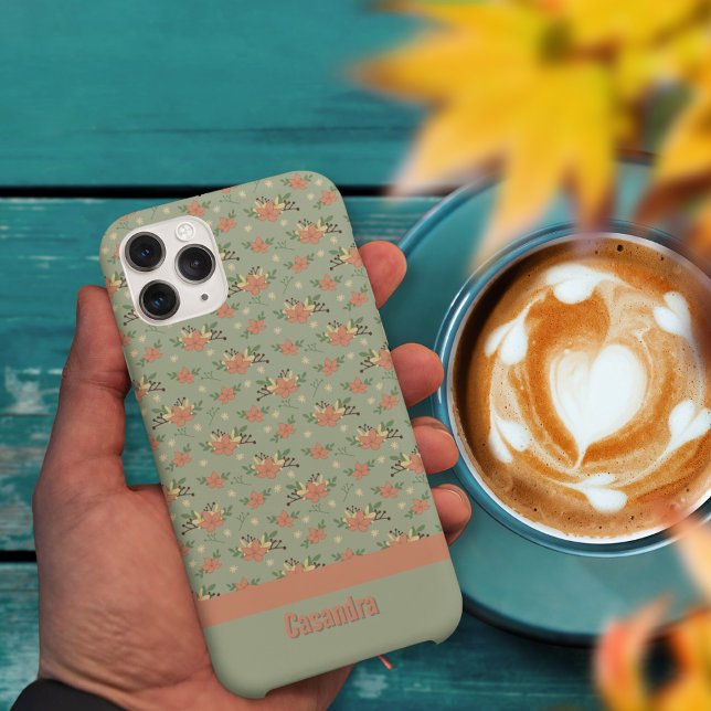 Coques Case-Mate iPhone Floral rétro motif vert d'automne personnalisé (Retro floral Autumn green pattern custom Case-Mate iPhone Case)