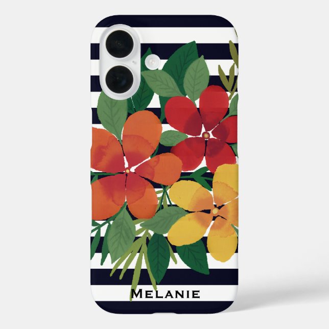 Coques Case-Mate iPhone Floral sur bandes noires et blanches Personnalisé (Verso)