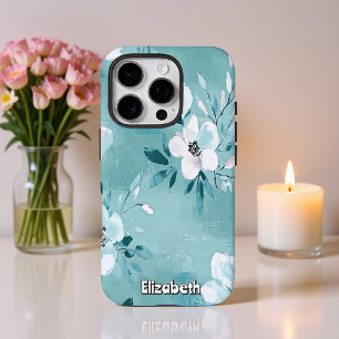 Coque iPhone 16 Pro Floral Turquoise monochromatique