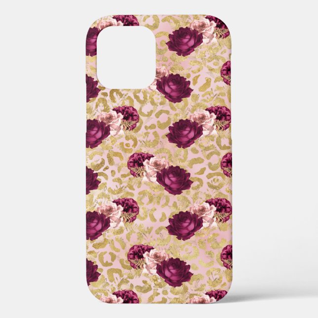 Coques Case-Mate iPhone Florales de roses roses Empreintes de léopard d'or (Verso)