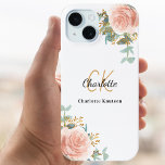 Coque iPhone 16 Pro Floraux d'or rose monogramme élégant<br><div class="desc">Un arrière - plan blanc. Décoré de fleurs d'or rose couleur eau et de verdure. Personnalisez et ajoutez votre prénom,  vos initiales monographiques et votre nom complet.</div>