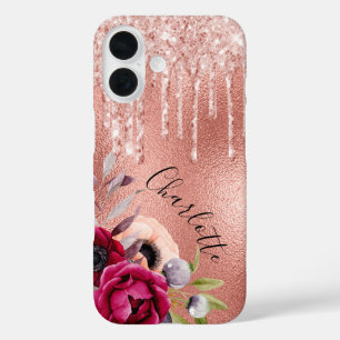 Coque Pour iPhone 16 Floraux rose d'or bordeaux gouttes roses