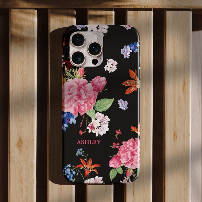 Coques Case-Mate iPhone Flore de Camellia moderne sur mesure en noir (The elegant and chic camellia flowers mix with small florals in a black for personalized phone case)