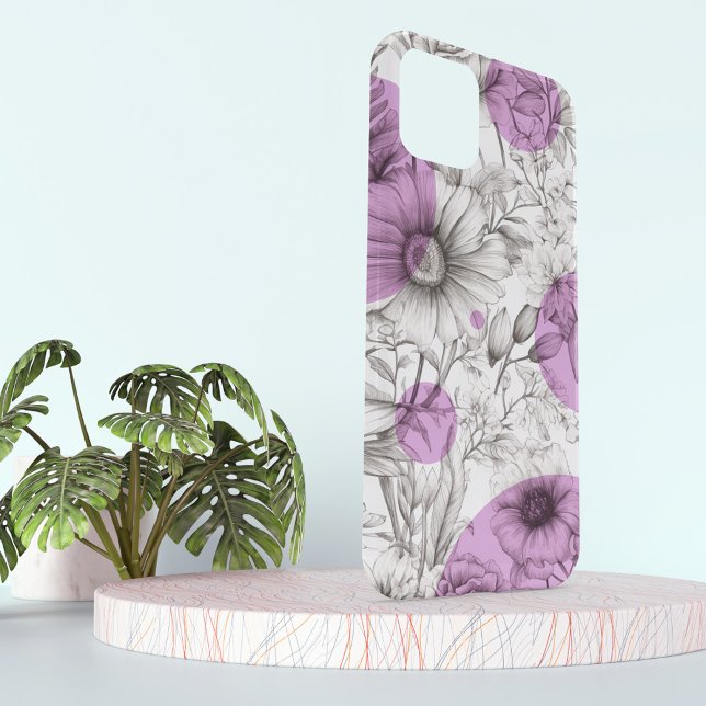Coques Case-Mate iPhone Flore moderne dessin lilas violet Cercles rétro (Lilac purple retro circles on black and white drawing sketch of peony flowers, on a phone case.)