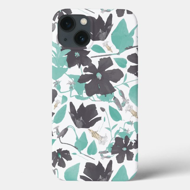 Coques Case-Mate iPhone Flore moderne tendance fleurs Gris Turquoise Ca (Verso)