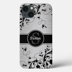 Etui iPhone 13 Flore noire argentée