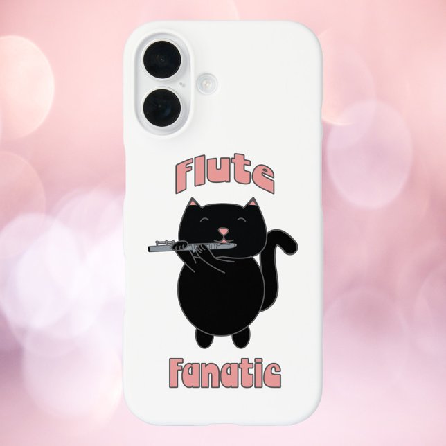 Coques Case-Mate iPhone Fluate Fanatique Rose Noir Chat mignonne (A cell phone case with the words Flute Fanatic and a black kitty cat playing the flute.)