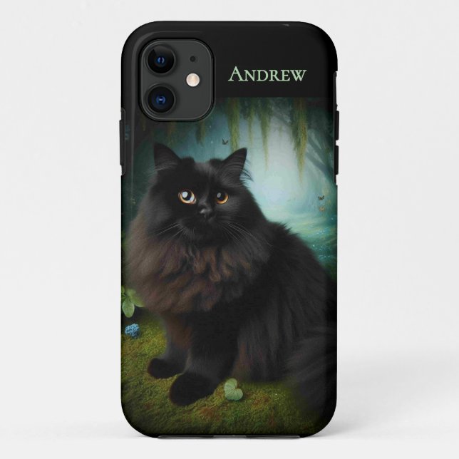 Coques Case-Mate iPhone Fluffy Chat noir en Misty Woods (Dos)