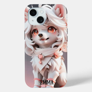 Coque Case-Mate iPhone Fluffy Rose and White Puppy Kids Nom personnalisé