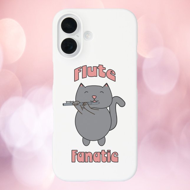 Coques Case-Mate iPhone Flûte Fanatique Chat Gris Rose (A phone case with a cute gray cat playing the flute & the words flute fanatic in pink.)