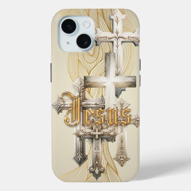 Coques Case-Mate iPhone Foi motivationnelle Croix beige/grise Jésus or (Verso)