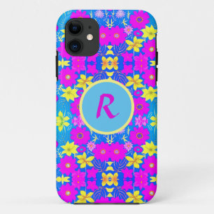 Case-Mate iPhone Case Fond à motif de fleurs rose bleu jaune ajouter nom