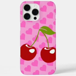 Coque iPhone 16 Pro Max Fond rose avec coeurs rouges et deux cerises