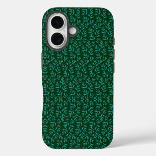 Coque Pour iPhone 16 Fond vert foncé avec feuilles botaniques sarcelle