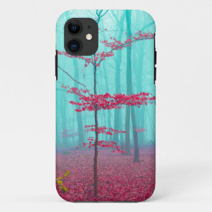 Coque iPhone 11 Forêt mystique en rouge et turquoise