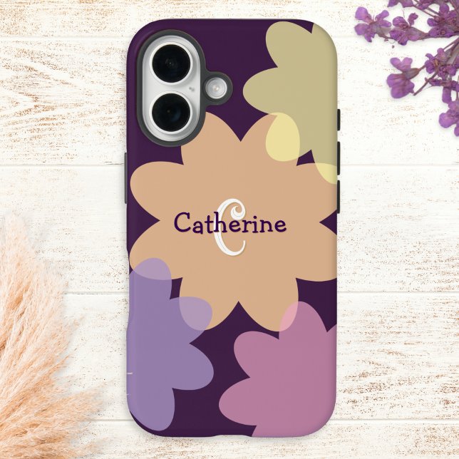 Coques Case-Mate iPhone Formes de fleurs rétro Monogramme groovy (A stylish floral phone case with a 70s-inspired boho look, personalized with a monogram)