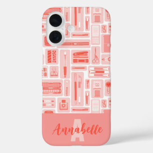 Coque Pour iPhone 16 Fournitures d'art mignonne Coral Rouge Motif Monog