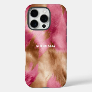 Coque iPhone 16 Pro Fourrure synthétique rose chic or