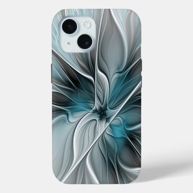 Coques Case-Mate iPhone Fractal Floral Moderne Abstrait Fleur Bleu Gris (Verso)