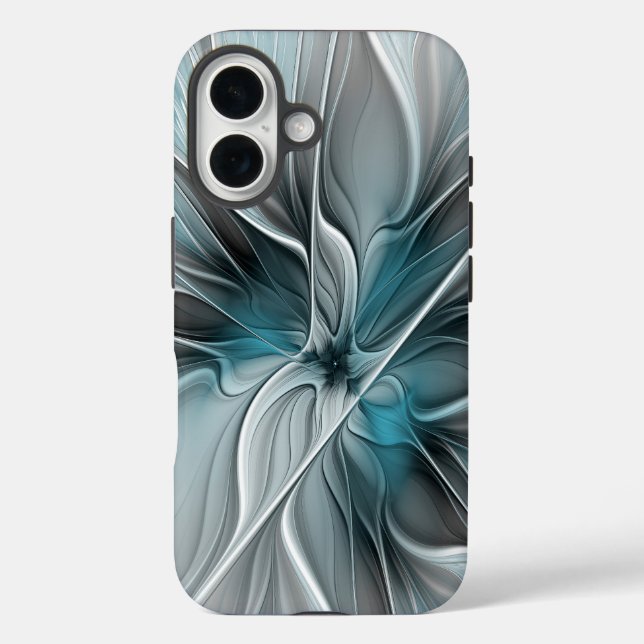 Coques Case-Mate iPhone Fractal Floral Moderne Abstrait Fleur Bleu Gris (Verso)