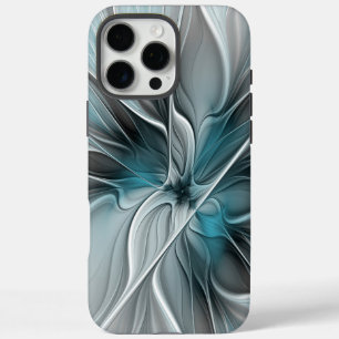 Coque iPhone 16 Pro Max Fractal Floral Moderne Abstrait Fleur Bleu Gris