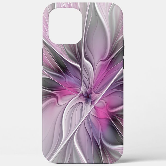 Coques Case-Mate iPhone Fractal Floral Moderne Abstrait Fleur Rose Gris (Verso)