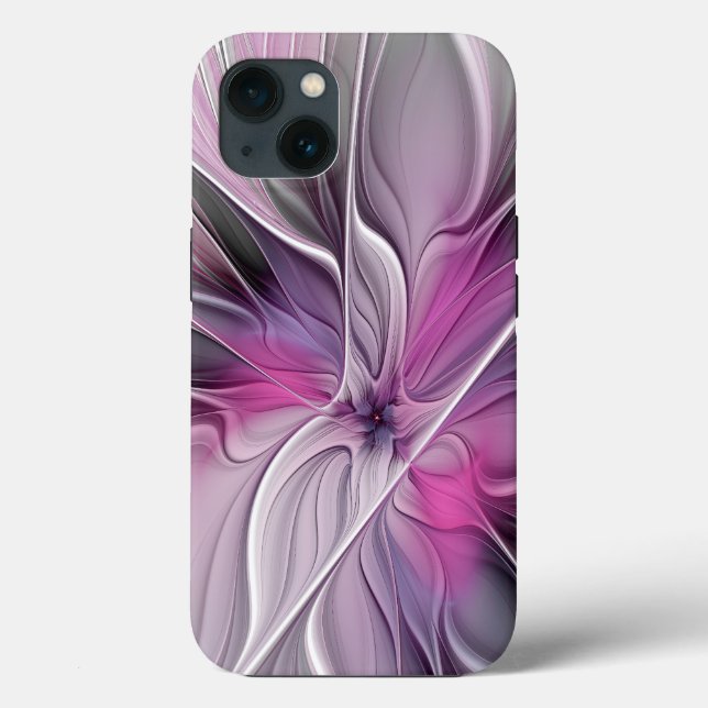 Coques Case-Mate iPhone Fractal Floral Moderne Abstrait Fleur Rose Gris (Verso)
