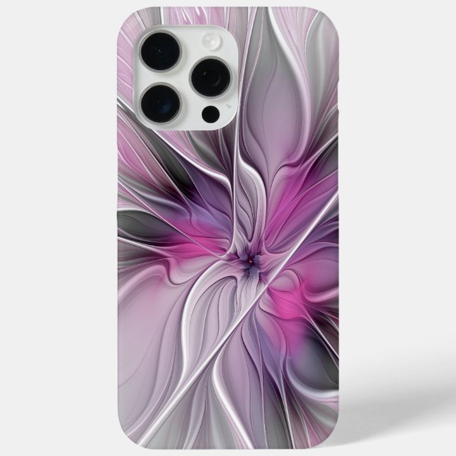 Coques Case-Mate iPhone Fractal Floral Moderne Abstrait Fleur Rose Gris (Verso)
