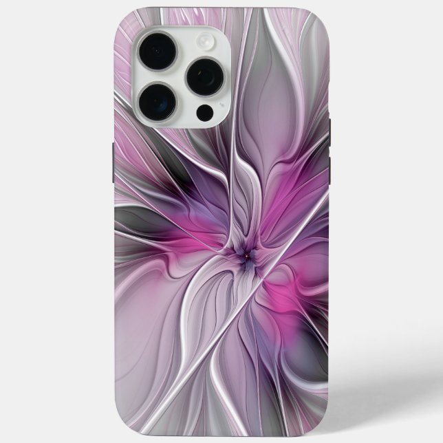 Coques Case-Mate iPhone Fractal Floral Moderne Abstrait Fleur Rose Gris (Verso)