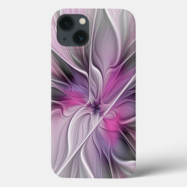 Coques Case-Mate iPhone Fractal Floral Moderne Abstrait Fleur Rose Gris (Verso)