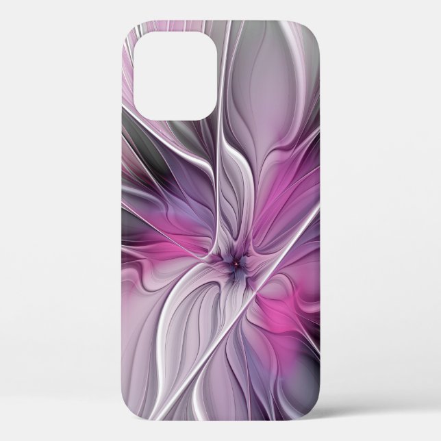 Coques Case-Mate iPhone Fractal Floral Moderne Abstrait Fleur Rose Gris (Verso)