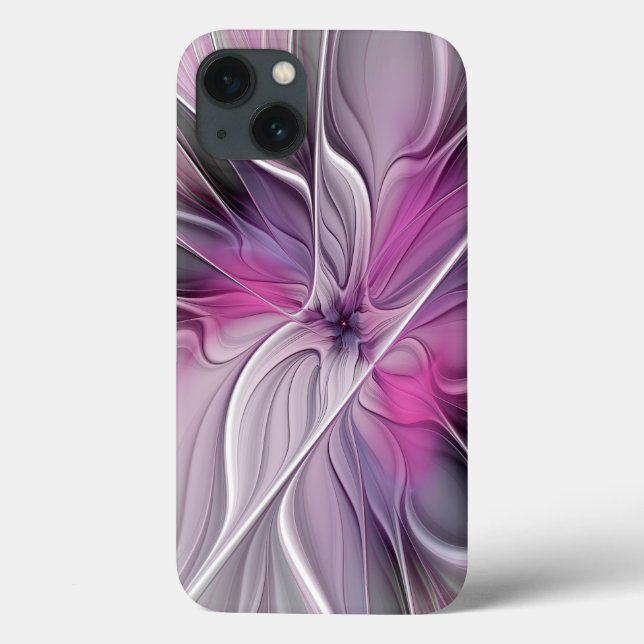 Coques Case-Mate iPhone Fractal Floral Moderne Abstrait Fleur Rose Gris (Verso)