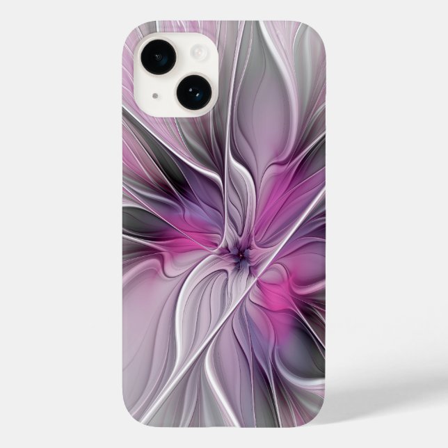 Coques Case-Mate iPhone Fractal Floral Moderne Abstrait Fleur Rose Gris (Verso)