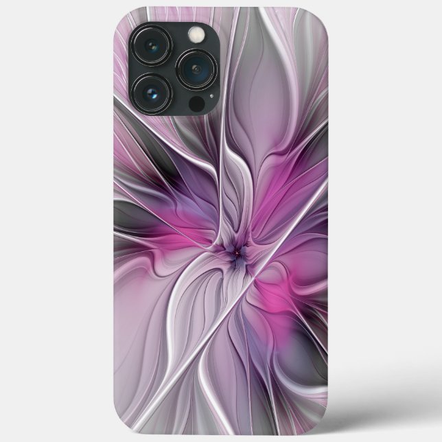 Coques Case-Mate iPhone Fractal Floral Moderne Abstrait Fleur Rose Gris (Verso)