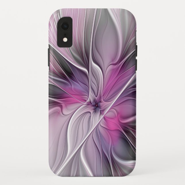 Coques Case-Mate iPhone Fractal Floral Moderne Abstrait Fleur Rose Gris (Dos)