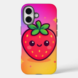 Coque Pour iPhone 16 Fraise Kawaii souriante sur Pastel Gradient Backg