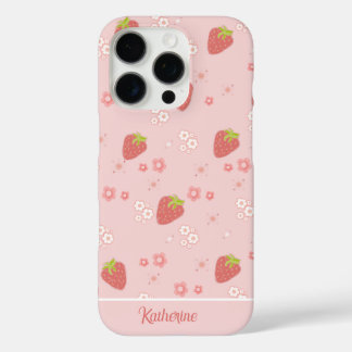 Coque iPhone 16 Pro Fraise mignonne aux fleurs.