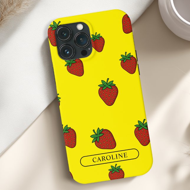 Coques Case-Mate iPhone Fraise personnalisée jaune (Custom Strawberry Case-Mate Yellow iPhone Case with your Name or Text)
