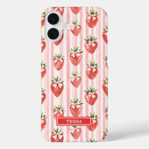 Coque Pour iPhone 16 Plus Fraises à l'aquarelle avec des nœuds coquettes