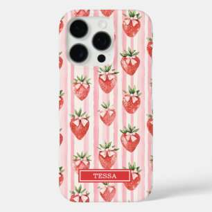 Coque iPhone 16 Pro Fraises à l'aquarelle avec des nœuds coquettes