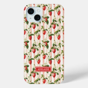 Coque Case-Mate iPhone Fraises à l'aquarelle sur monogramme à rayures