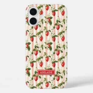 Coque Pour iPhone 16 Plus Fraises à l'aquarelle sur monogramme rayé