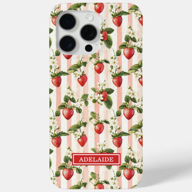 Coques Case-Mate iPhone Fraises à l'aquarelle sur monogramme rayé (Verso)