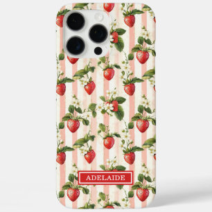 Coque iPhone 16 Pro Max Fraises à l'aquarelle sur rayures monogrammées
