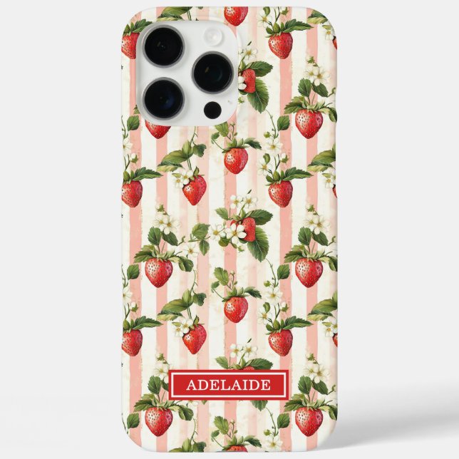 Coques Case-Mate iPhone Fraises à l'aquarelle sur rayures monogrammées (Verso)
