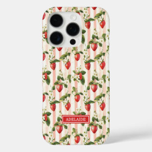 Coque iPhone 16 Pro Fraises à l'aquarelle sur rayures monogrammées