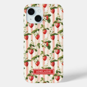 Coque Case-Mate iPhone Fraises à l'aquarelle sur rayures monogrammées